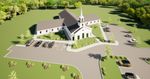 A digital rendering of a church building with green doors and a steeple in a modern style, mixed with some traditional-seeming flourishes