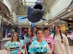 a group of students posing under a large whale specimen hung from the ceiling