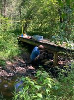 someone working on a bridge made of logs