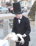 A boy in a top hat puts a duck on a table