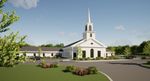 A digital rendering of a a view of the front of a wide, modern-style church building with green doors and a steeple with colonial-style details and ornaments